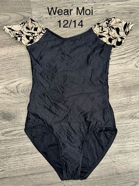 Wear Moi Black Dance Leotard with Patterned Cap Sleeves